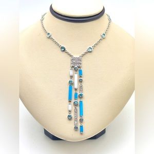 Stunning Turquoise, White Agate & Diamond Necklace In 18k White Gold